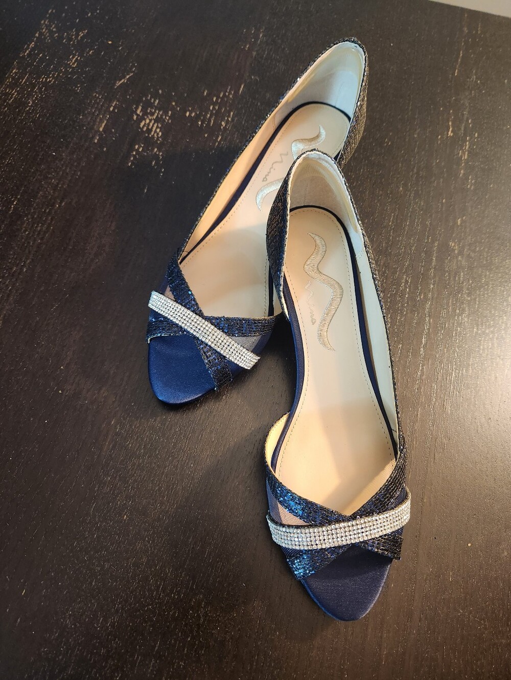 Nina Navy Blue Peep-Toe Heels with Silver Crystal Band Wedges. NWT-